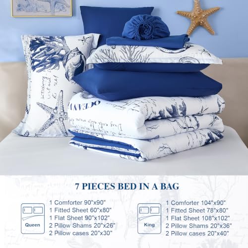 Coastal King Comforter Set 7 Piece, Soft Beach Themed Comforter, Summer Ocean Nautical Bed in a Bag Blue Bedding Sets for All Season 104''x90'' by Anibedding - Used condition - Image 9