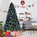 HAPPYGRILL 6FT Pre-lit Christmas Tree Fiber Optic Artificial Christmas Tree with Metal Stand, 230 LE