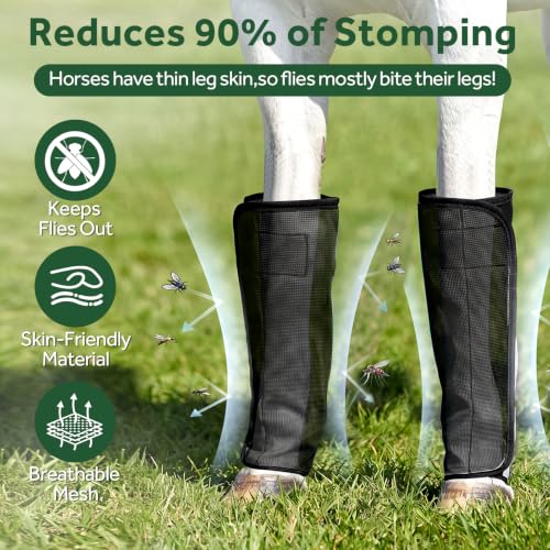 Image of Fly Boots for Horses - 4 Pack Horse Breathable Mesh with UV-Protection Leggings Boot, Reduces Stomping & Anti-Sag Stays for Medium Large Size Equine Leg Protectors(Black)
