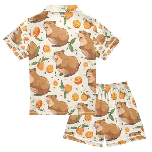 senya Capybara Orange Fruit Satin Summer Pajama Sets Silk Short Sleeve Button Down Sleepwear2