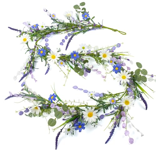 6 FT Farmhouse Spring Garland Country Summer Garlands for Decoration Rustic Spring Floral Garland with White Sunflower Wildflower Vine for Mantle Tabletop Centerpiece Stairs Railing Decorations