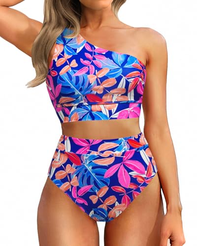 Image of Holipick Women One Shoulder High Waisted Bikini Sets Two Piece Swimsuit Tummy Control Bathing Suit Full Coverage Swimwear
