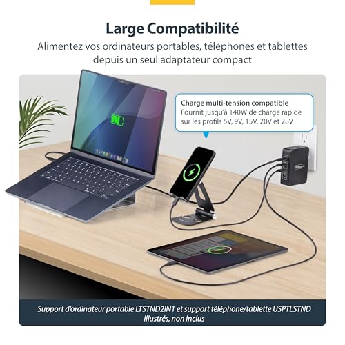 StarTech.com USB C Wall Charger USB CUSB A PD GaN Power Adapter 140 Watt - vue 5