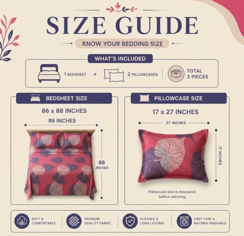 Image of HOMEKART Glace Cotton 160 TC LeafPrinted Double Bedsheet with 2 King Size Pillow Covers | Soft & Durable | 86 x 88Inches (Rose Pink)
