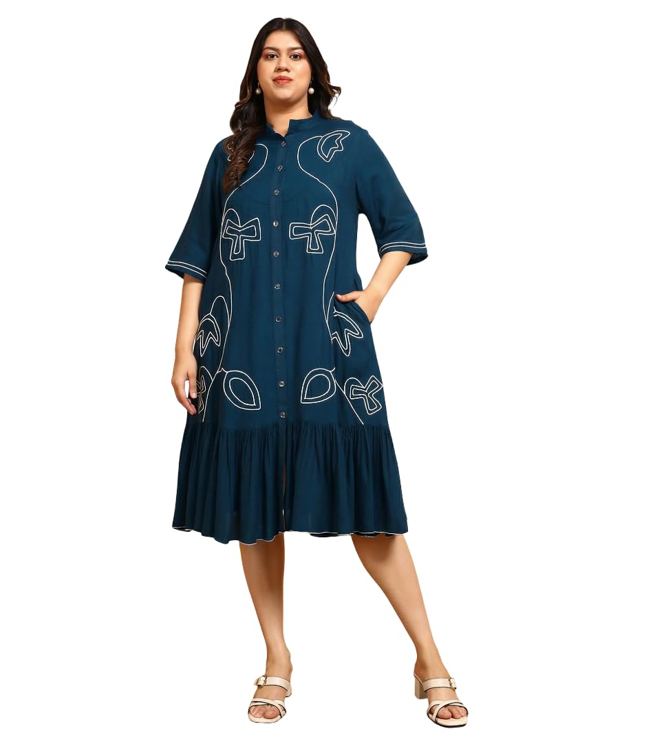 Solid Viscose Rayon Shirt Dress for Women's|3/4 Sleeve Collared Neck Regular Fit Calf Length|Summer Western Party Casual Wear Dress for Ladies (Teal)-image-13