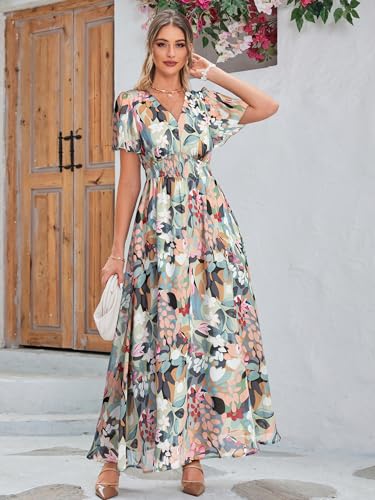 Image of Simplee Women's Boho Floral Maxi Dress Flowy Casual V Neck Short Sleeve Wedding Guest Holiday Beach Long Dress