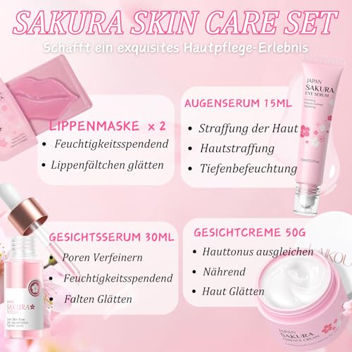 Japan Sakura Skincare Set Teenager Mädchen Geschenke - Skin Care Set - Gesichtspflege Set - Hydrierend & Glatt Beauty Set - Geschenk Set für Frauen - Mit Sonnenschutz,Serum,Peelingmaske,Hasenhaube