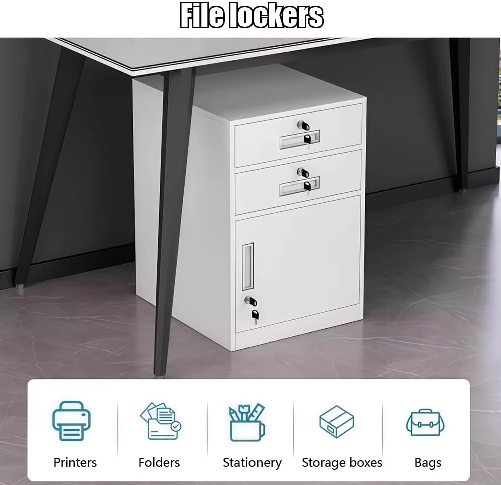 Lockable Metal File Cabinet with Drawer, Floor-Standing Filing Cabinet with Adjustable Shelf, Under Desk Storage Box for Home Office, Bedroom, Study, White(White,2 Draws)