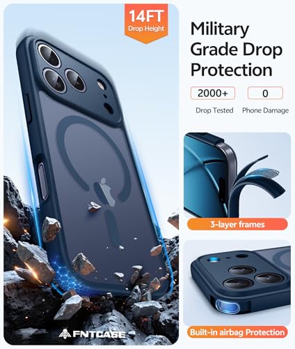 Image of FNTCASE for iPhone 17 Pro Case: [Compatible with Magsafe] Translucent Matte Cases with [Full Camera Protection] [Screen Protector] Military Grade Shockproof Protective Phone Cover - Blue