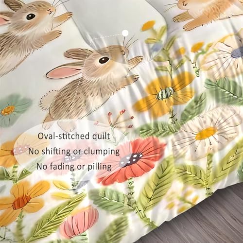 Image of Floral Rabbit Comforter Set Queen Size Cartoon Flower Bunny Bedding Sets for Kids Teens Boys Girls Bedroom Cute Animal Quilt 1 Comforter 2 Pillowcases