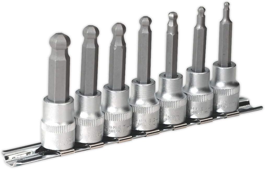 Sealey AK621 7 Piece 3/8-inch Sq Drive Hex Ball-End Socket Bit Set - Metric, Silver