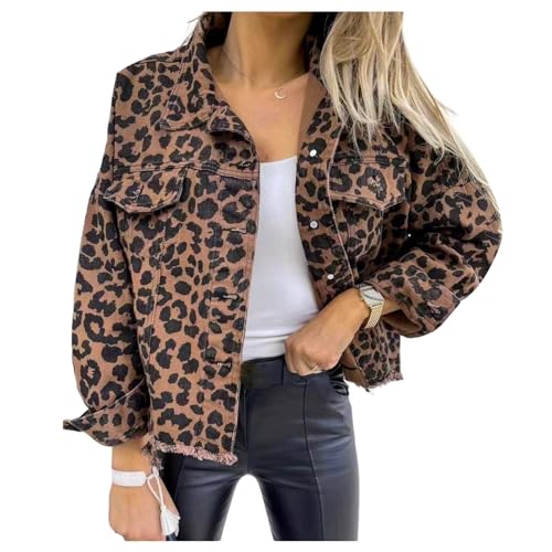 QREXVOG Frauen -denimjacken Leopardenmuster Denim Jacke Button Down Denim Jacke Casual Jean Mantel