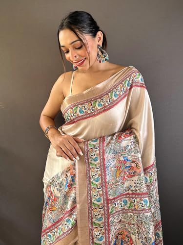 Image of Panzora Women's Tussar Silk Madhubani Printed Saree With Unstitched Blouse Piece