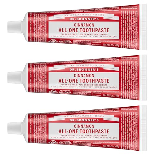 Image of Dr. Bronner's All-One Toothpaste- Cinnamon, 5 oz, 3-Pack- Fluoride-Free Toothpaste for Adults, SLS-Free, 70% Organic & Natural Ingredients, Vegan, Helps Freshen Breath, Reduce Plaque, Whiten Teeth