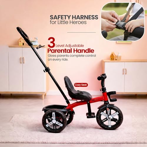 Image of Luusa Elite 500 Kids Tricycle with Parent Push Handle & Safety Seat Belt - Premium 3 Wheel Toddler Cycle with Storage Basket & Comfortable Backrest for 1-4 Years Boys & Girls (Red)
