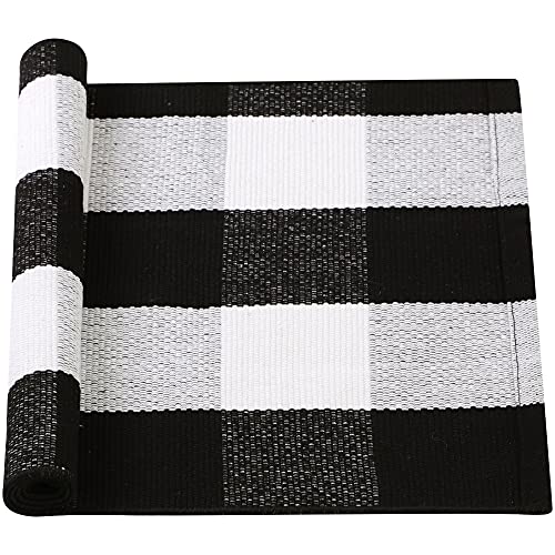 sourcing map - Tappeto a quadretti in cotone, per interni ed esterni, tessuto lavabile, a scacchi, stile retrò, per portica/cucina/lavandina/bagno/ingresso, 50% cotone, Nero e bianco, 27.6"x17.7"