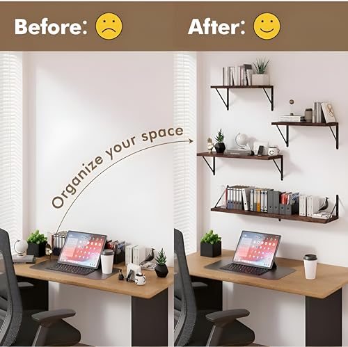 Image of OXMIC Rustic Wood Wall Shelves with Black Metal Brackets, Book Shelf for wall, wall Shelves, wall Book Shelf, 20x6 Inch, Set of 3, for Books and Decor