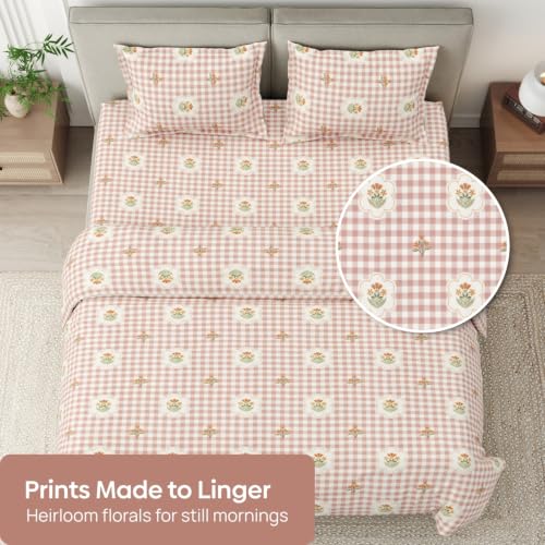 Image of Haus & Kinder Double Bed Bedsheet for Queen Size Bed, Queen Size Bed Sheet with 2 Pillow Covers 90 Inch x 100 Inch | Premium Soft & Silky Pure Cotton 186 TC Double Bedsheet | Floral Gingam
