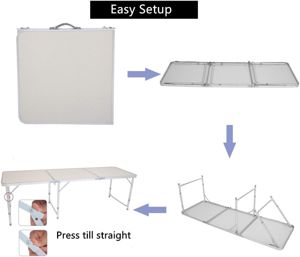 Aluminum Folding Table, Multipurpose Picnic Camping Table, Portable and Adjustable Rectangle Table for Party, Beach, Backyard, BBQ, Indoor and Outdoor, White (6FT -70.9 x 23.6 x 21.3-27.6”)