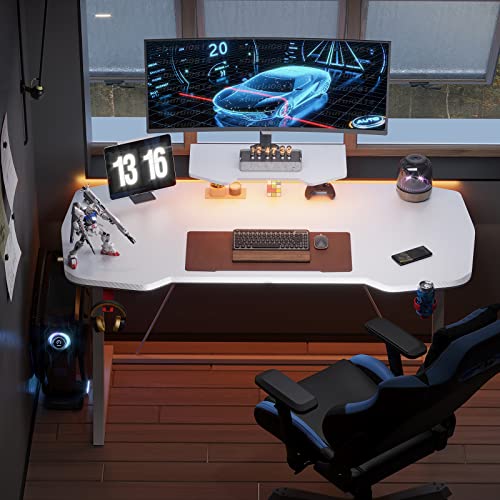Motpk White Gaming Desk With Led Lights, Gaming Table Desk 47 Inch Z Shaped, Gamer Desk Ergonomic Sturdy, Kids Computer Desk With Monitor Stand Cup Holder And Headphone Hook, Black, Gift Idea #TOP3