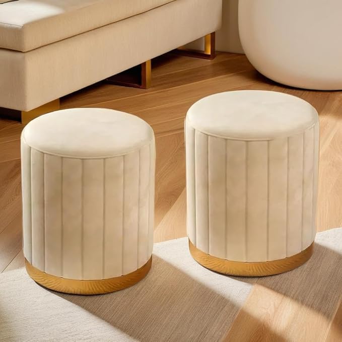 Luxurious Ottoman Pouffes Set of 2 for Sitting: Sofa Side Stool, Wooden Small Ottoman Footrest Stool, Makeup Chair, Pouf for Office & Home Dcor, for Bedroom & Living Room (Blue) (Cream)-image-41