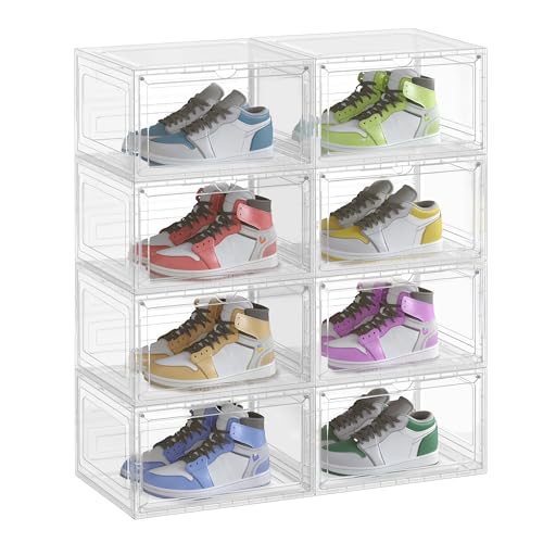 SONGMICS Set di 8 Scatole per Scarpe, Organizzatore Portascarpe Trasparente in Plastica, con Sportello, Impilabile, 33 x 28,5 x 19,2 cm, per Scarpe fino a Taglia 46, Bianco Trasparente LSP508W01