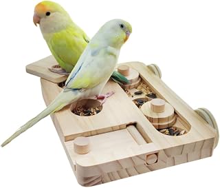 MiOYOOW Wooden Bird Foraging Puzzle, Chewing Wood Stand Platform Feeder with Slider Lid Design for Small Medium-Sized Parrots, Budgies, Long-Tailed Parrots, Cockatiels, Lovebirds,