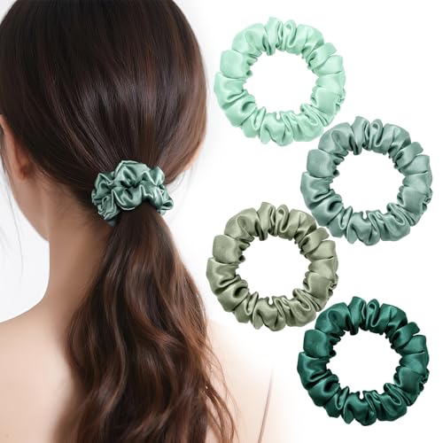 IRIYULI シルク ヘアゴム 2cm 20色 天然シルク100 シュシュ 摩擦軽減 静電気防止 髪に優しい 髪ゴム 大人 女性 黒 おしゃれ ヘアアクセサリー 誕生日 ギフト (深緑+ミントグリーン+ ミントグリーン+ライトグリーン, 4セット)