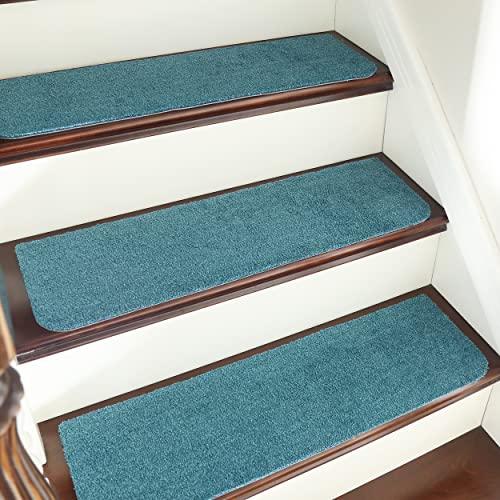 COSY HOMEER Stair Treads Non-Slip 15pcs Carpet Mat 28inX9in Indoor Stair Runners for Wooden Steps, Stair Rugs for Kids and Dogs, 100% Polyester TPE Backing Teal,Protect Floor 15pc Teal