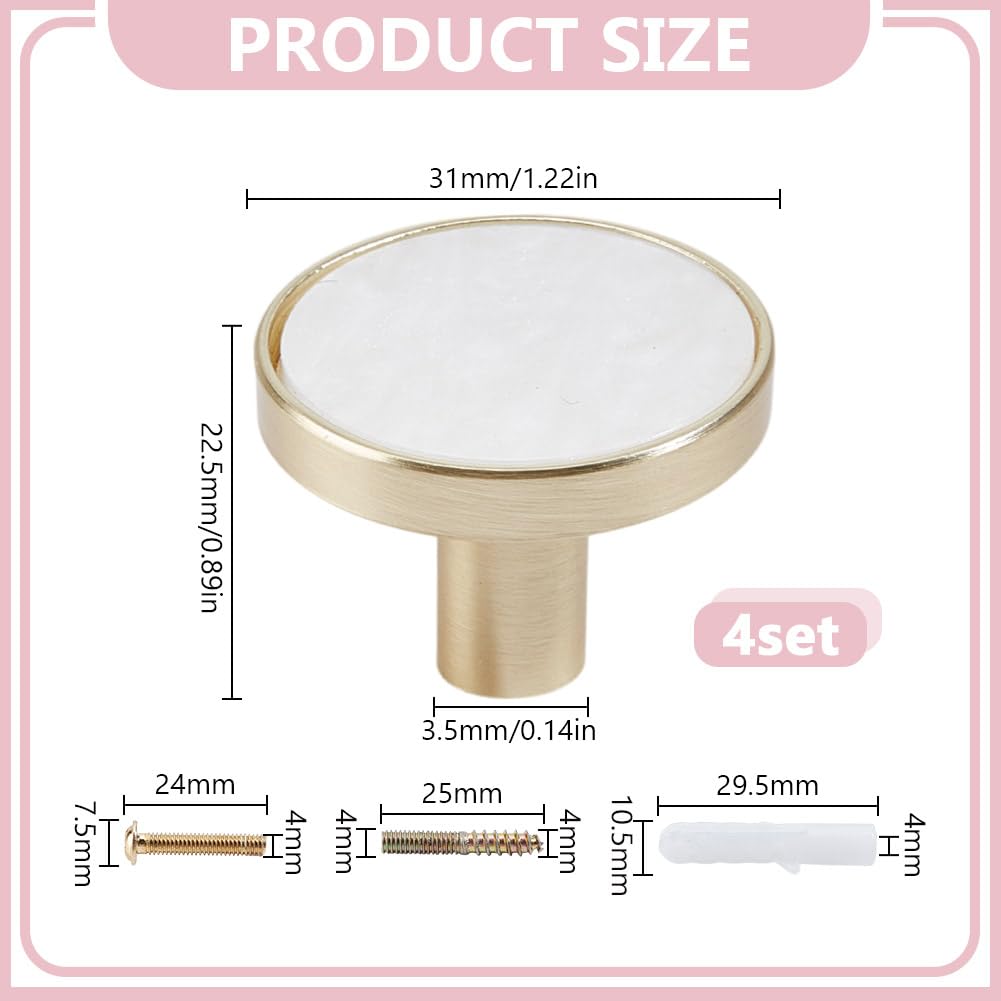 DELORIGIN 4 Packs Drawer Knobs Gold Dresser Knob Zinc Alloy Pulls Handles Mother of Pearl Furniture Knobs Accessories for Kitchen Cabinet Dresser Drawers Door Decorative,1.2" Diameter,White - Image 2