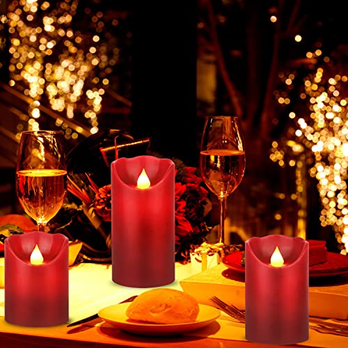 Image of JUNPEI LED Candles, Battery Flickering Candles, Set of 3 Red Real Wax,300+ Hour Decorating Pillars Candles, with10 Buttons Remote Control with 24 Hour Timer Function for Decoration Christmas