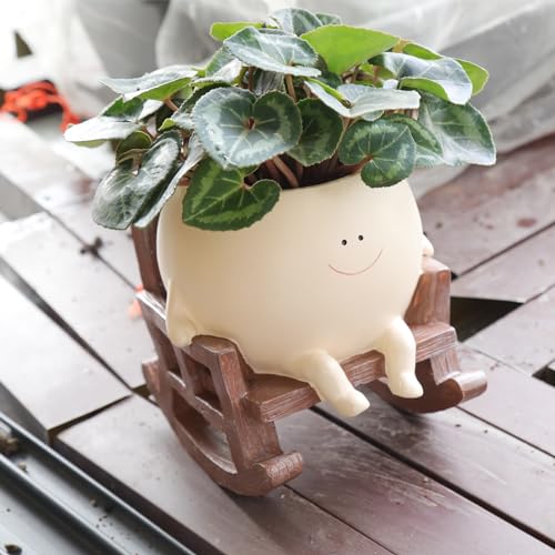 UMESONG Smily Face Planter Pot Cute Resin Flower Head Planters for Indoor Outdoor Plants Unique Sitting Rocking Chairs Succulent Pots for String of Pearls Plant Live Gift Ideals with Drainage Hole