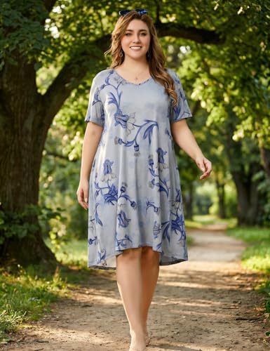 Image of OVERWORETY Womens Short Sleeve Plus Size T-Shirt Dress V Neck Casual Loose Swing A-Line Summer Tunic Dresses with Pockets