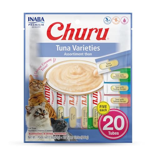 Image of INABA Churu Cat Treats, Lickable, Squeezable Creamy Puree Cat Treat with Green Tea Extract & Taurine, 0.5 Ounces Each Tube, 20 Tubes, Tuna Variety