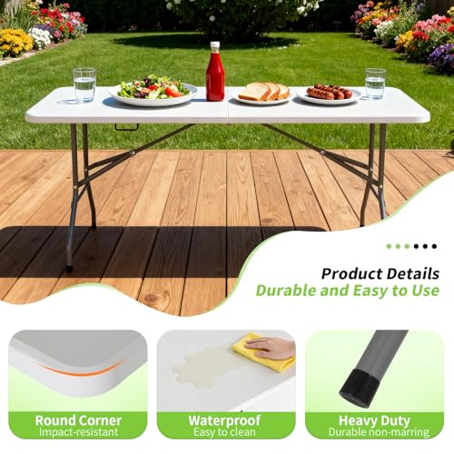 Image of BestOffice 6 FT Picnic Table, Portable Plastic Folding Table with Carrying Handle Perfect for Picnics, Parties, Party and Camping, White