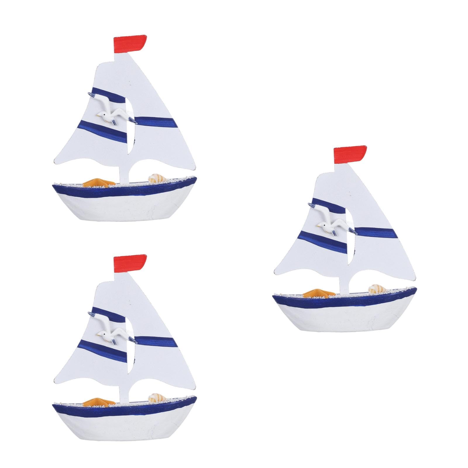 LUOZZY 3 Pcs Mediterranean Mini Wooden Sailboat Decor for Desktop Display Coastal Photography Props with Seagull Accent