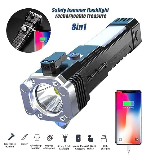 Image of Torch Light Rechargeable Flashlight, Long Distance Beam Range Car Torch with Hammer, Window Glass and Seat Belt Cutter, Built-in USB Fast Charger Power Bank