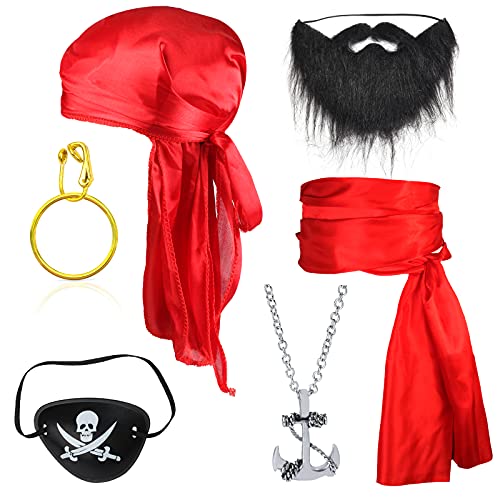 Yewong Pirate Costume Accessories Set Durag Long-Tail Pirate CapÂ Pirate Sash Eye Patch Earring Pirate Captain Dress Up Set
