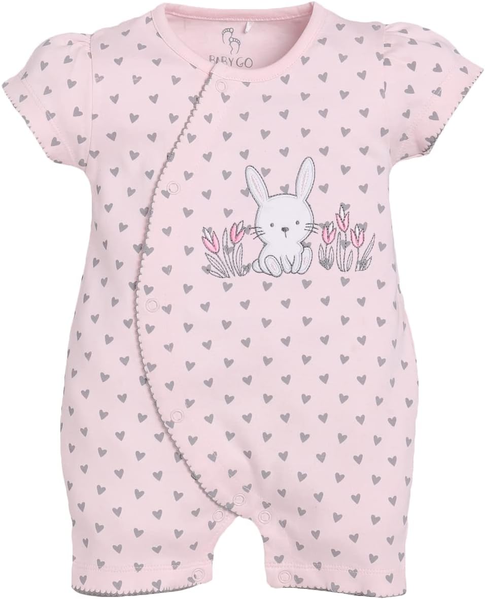 BABY GO Baby Girls Cotton Romper Dress | Short Sleeve Peter Pan Collar Jumpsuit | Newborn Infant Summer Outfit | Soft Breathable Smocked Bubble Playsuit with Floral Collar | Cute One Piece Dress
