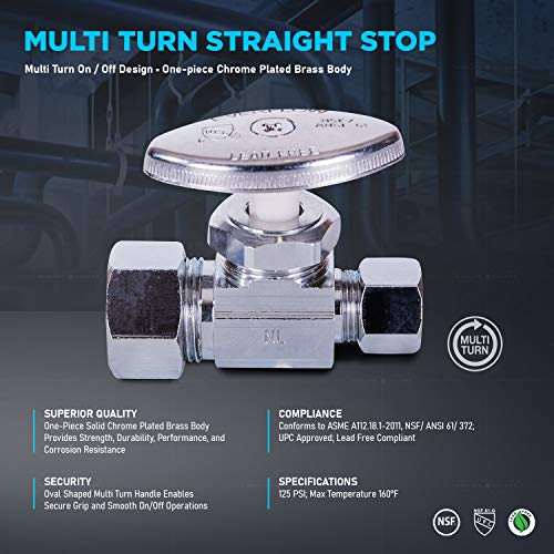 Image of Midline Valve 72358QS-OM-5 Water Supply Stop Valve with Multi-Turn Wheel; Straight Shut-off for Toilet, Sink, Dishwasher, Heater; 5 /8'' x 3 /8'' Compression; Chrome Plated Brass (5 PK)