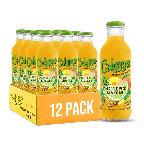 Calypso Limeade, Pineapple Peach Limeade, Made with Real Fruit, 16 Fl Oz Glass Bottles (Pack of 12)