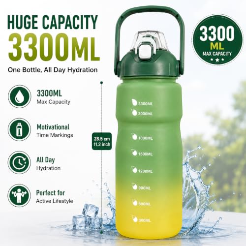 Image of 3 Liter Motivational Sports Gym Bottle Daily water intake with Time Markings BPA-Free. Leak proof For adults For Gym, Travel And office - (Light Green)