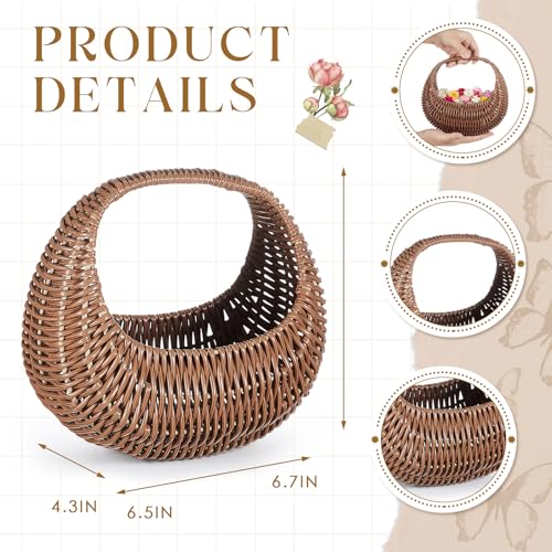 Image of Taiyin 3 Pack Rattan Flower Girl Basket Half Moon Straw Wicker Basket with Handle 6.7 inch x 6.5 inch x 4.3 inch Ideal for Wedding Flower Girl, Picnic, Garden Storage and Home Decor (Brown)