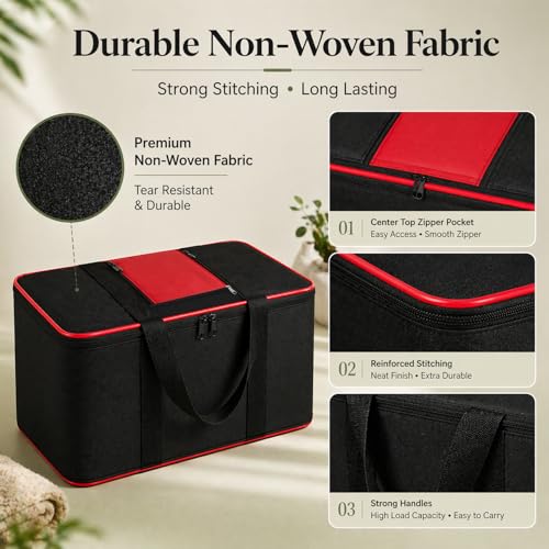 Image of DALUCI Underbed Storage Bags for Clothes Pack of 2 Large Moisture Proof Organizer with Zipper Non Woven Foldable Storage Bag for Blanket Saree Wardrobe 54 x 46 x 28 cm (Black & Red - Large, 2 Pack)