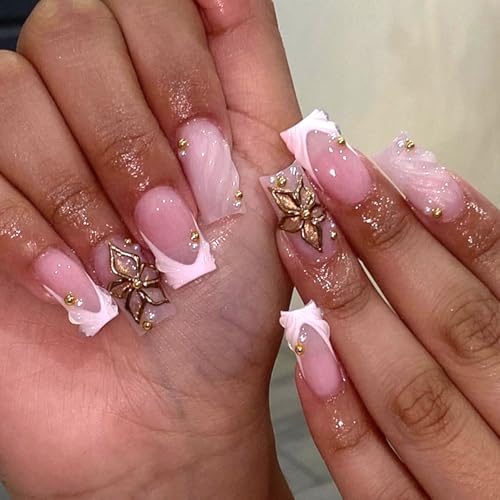 3D Floral Press On Nails Long Square Almond, Nude Pink Glossy Fak...