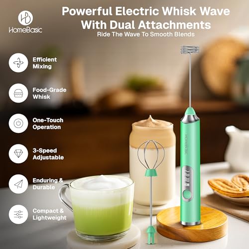 Image of HOMEBASIC Coffee Frother Electric Handheld, 3-Speed Milk Frother Rechargeable with Dual 304 SS Whisks, 8000 RPM Foam Maker for Latte, Cappuccino, Matcha, Eggs | Whisk Wave (GRN)