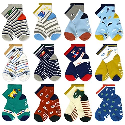 Image of Tphon 12 Pairs Toddler Non Skid Socks with Grips Anti Slip Bottom, Cotton Non Slip Ankle Crew Socks for Boys, Girls, Kids(1-7Years)