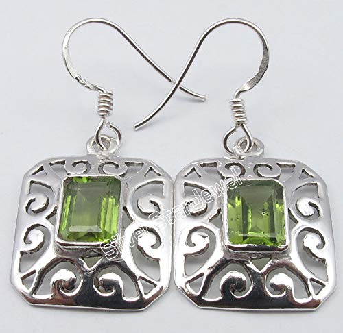 Solid Sterling Silver Natural Rectangle 6 x 8 mm Peridot Earrings 1.4"2