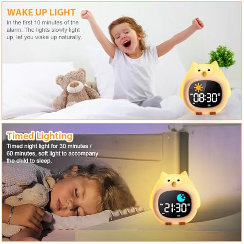 HOTUT Kinder Lichtwecker,Schlaftrainer Kinder mit Nachtlichtern,6 White Noise Kinderwecker,Digitaler Wecker für Mädchen und Jungen(Eule