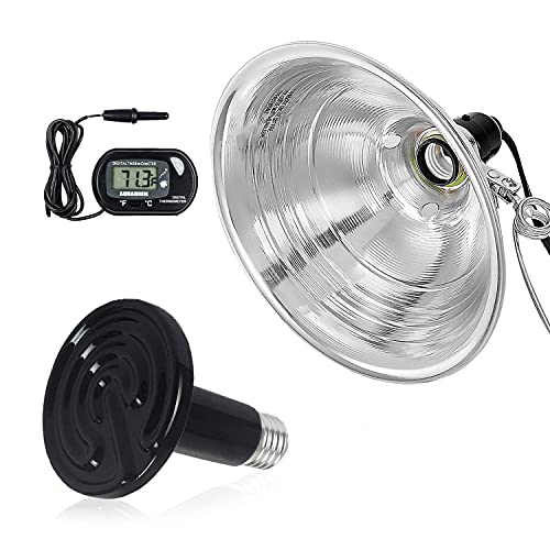 Aygrochy Reptile Heat Lamp, 100W and Clamp Lamp Light with 8.5 Detachable Aluminum Reflector, 6 feet Cord, Digital Thermometer